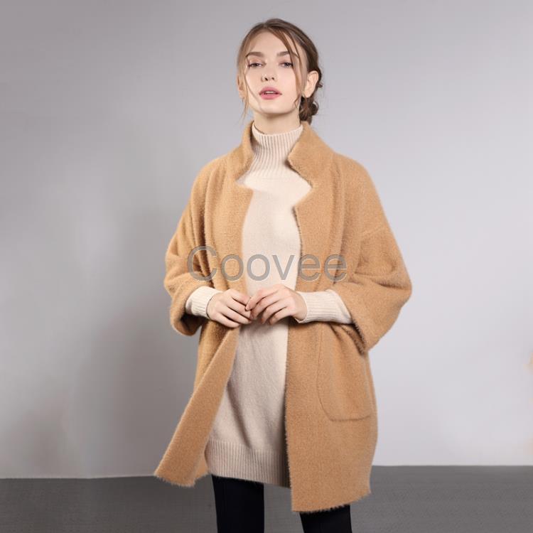 深圳市女裝冬季色立領水貂絨毛衣女九分袖中長款外套