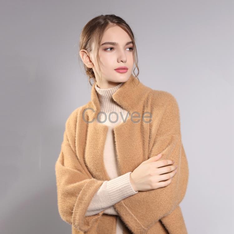 深圳市女裝冬季色立領水貂絨毛衣女九分袖中長款外套