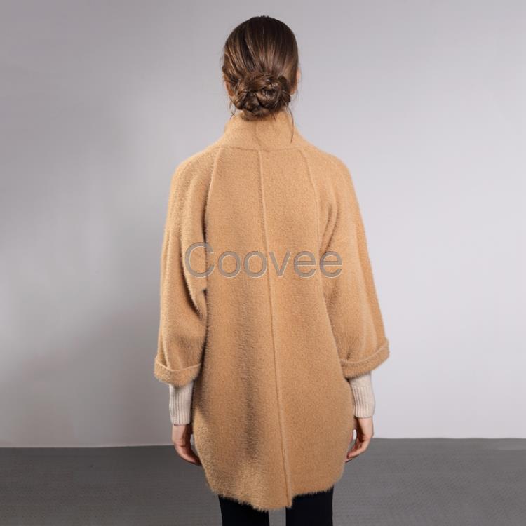 深圳市女裝冬季色立領水貂絨毛衣女九分袖中長款外套