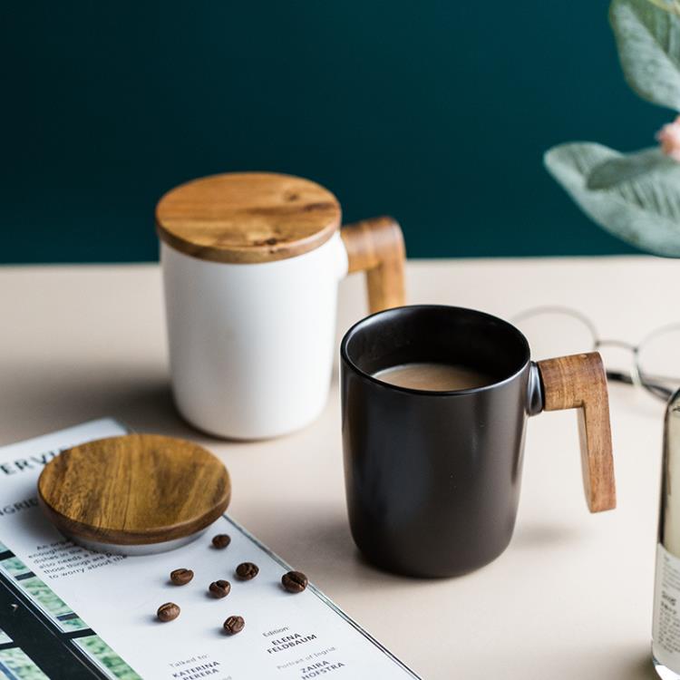 创意家用马克杯木柄杯带盖陶瓷水杯礼盒套装复古茶具对杯礼品定制