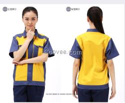 藍灰色搭配黃色的工作服夏裝短袖廠服