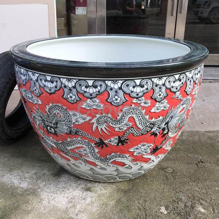 大缸】景德镇陶瓷大缸雕刻龙纹锦鲤荷花鱼缸1米特大号风水镇宅大缸