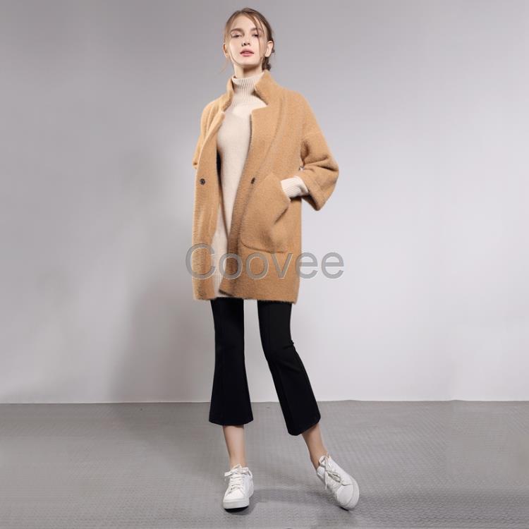 深圳市女裝冬季色立領水貂絨毛衣女九分袖中長款外套