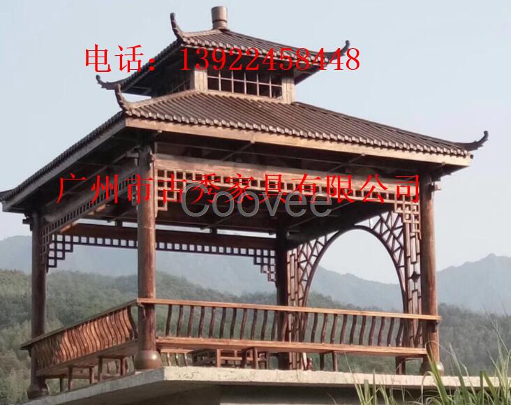 雙層防腐木四角涼亭-古建青瓦二層木質(zhì)涼亭