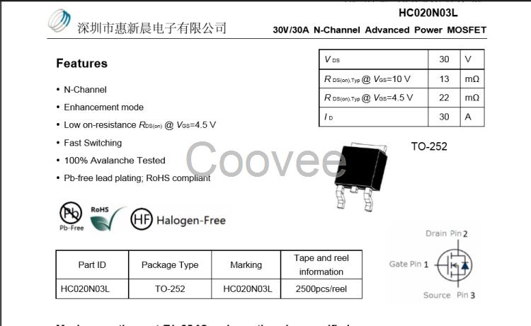 HC020N03L替代AOD484貼片MOS管TO-252