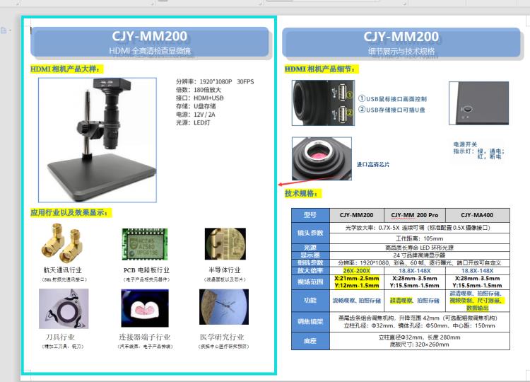 CJY-MM200 HDMI全高清sma航天检查显微镜